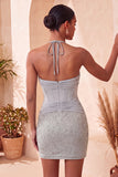 Vestido de Finalistas de Finalistas Bodycon Bodycon Ombro Azul-Marinho com Decote Halter e Bordado