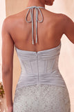 Vestido de Finalistas de Finalistas Bodycon Bodycon Ombro Azul-Marinho com Decote Halter e Bordado