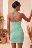 Vestido de Finalistas de Finalistas Bodycon Bodycon Ombro Azul-Marinho com Decote Halter e Bordado