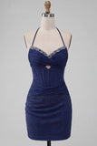 Vestido de Finalistas de Finalistas Bodycon Bodycon Ombro Azul-Marinho com Decote Halter e Bordado