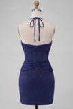 Vestido de Finalistas de Finalistas Bodycon Bodycon Ombro Azul-Marinho com Decote Halter e Bordado