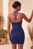 Vestido de Finalistas de Finalistas Bodycon Bodycon Ombro Azul-Marinho com Decote Halter e Bordado