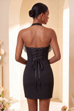 Vestido de regresso a casa, Bodycon Bodycon Roxo com Decote Helco, Atacar as Costas, com Folhos
