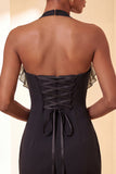 Vestido de regresso a casa, Bodycon Bodycon Roxo com Decote Helco, Atacar as Costas, com Folhos