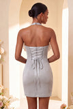 Vestido de regresso a casa, Bodycon Bodycon Roxo com Decote Helco, Atacar as Costas, com Folhos