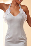 Vestido de regresso a casa, Bodycon Bodycon Roxo com Decote Helco, Atacar as Costas, com Folhos