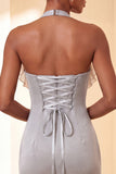 Vestido de regresso a casa, Bodycon Bodycon Roxo com Decote Helco, Atacar as Costas, com Folhos
