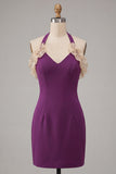 Vestido de regresso a casa, Bodycon Bodycon Roxo com Decote Helco, Atacar as Costas, com Folhos