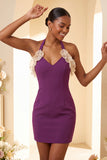 Vestido de regresso a casa, Bodycon Bodycon Roxo com Decote Helco, Atacar as Costas, com Folhos