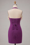Vestido de regresso a casa, Bodycon Bodycon Roxo com Decote Helco, Atacar as Costas, com Folhos