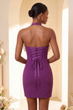 Vestido de regresso a casa, Bodycon Bodycon Roxo com Decote Helco, Atacar as Costas, com Folhos