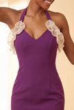 Vestido de regresso a casa, Bodycon Bodycon Roxo com Decote Helco, Atacar as Costas, com Folhos