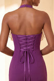 Vestido de regresso a casa, Bodycon Bodycon Roxo com Decote Helco, Atacar as Costas, com Folhos