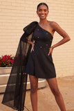 Vestido de Homecoming Azul Escuro A-Line A-Line de Um Ombro com Capa Lateral