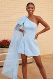 Vestido de Homecoming Azul Escuro A-Line A-Line de Um Ombro com Capa Lateral