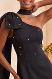 Bodycon Vestido de Boas-Vindas Azul Pérola Azul Claro de Um Ombro com Capa Lateral