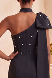 Bodycon Vestido de Boas-Vindas Azul Pérola Azul Claro de Um Ombro com Capa Lateral
