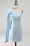 Bodycon Vestido de Boas-Vindas Azul Pérola Azul Claro de Um Ombro com Capa Lateral