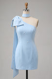 Bodycon Vestido de Boas-Vindas Azul Pérola Azul Claro de Um Ombro com Capa Lateral