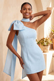 Bodycon Vestido de Boas-Vindas Azul Pérola Azul Claro de Um Ombro com Capa Lateral