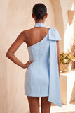 Bodycon Vestido de Boas-Vindas Azul Pérola Azul Claro de Um Ombro com Capa Lateral