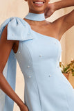 Bodycon Vestido de Boas-Vindas Azul Pérola Azul Claro de Um Ombro com Capa Lateral