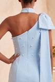 Bodycon Vestido de Boas-Vindas Azul Pérola Azul Claro de Um Ombro com Capa Lateral