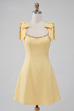 Vestido de Finalistas Amarelo Amarelo Amarelo A-Line com Alças com Contas e Renda nas Costas