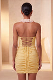 Vestido de regresso a casa, bodycon vermelho, franzido e folhos com purinas, com decote e renda nas costas