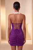 Vestido de regresso a casa, bodycon vermelho, franzido e folhos com purinas, com decote e renda nas costas