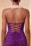 Vestido de regresso a casa, bodycon vermelho, franzido e folhos com purinas, com decote e renda nas costas