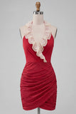 Vestido de regresso a casa, bodycon vermelho, franzido e folhos com purinas, com decote e renda nas costas