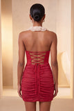 Vestido de regresso a casa, bodycon vermelho, franzido e folhos com purinas, com decote e renda nas costas