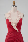 Vestido de regresso a casa, bodycon vermelho, franzido e folhos com purinas, com decote e renda nas costas