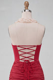 Vestido de regresso a casa, bodycon vermelho, franzido e folhos com purinas, com decote e renda nas costas