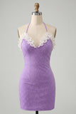 Vestido de Homecoming de Homecoming Bodycon Roxo Claro, decote com folhos e missangas, com renda nas costas