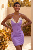 Vestido de Homecoming de Homecoming Bodycon Roxo Claro, decote com folhos e missangas, com renda nas costas