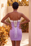 Vestido de Homecoming de Homecoming Bodycon Roxo Claro, decote com folhos e missangas, com renda nas costas
