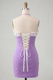 Vestido de Homecoming de Homecoming Bodycon Roxo Claro, decote com folhos e missangas, com renda nas costas