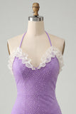 Vestido de Homecoming de Homecoming Bodycon Roxo Claro, decote com folhos e missangas, com renda nas costas