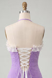 Vestido de Homecoming de Homecoming Bodycon Roxo Claro, decote com folhos e missangas, com renda nas costas