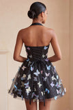 Espartilho preto A-Line com decote halter e renda para trás Vestido curto de regresso a casa com borboleta