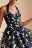 Espartilho preto A-Line com decote halter e renda para trás Vestido curto de regresso a casa com borboleta