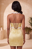 Vestido curto de regresso a casa, vestido de decote Bodycon Cetim Roxo com Decote Helter, com Renda nas Costas