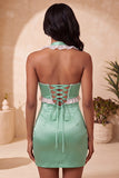 Vestido curto de regresso a casa, vestido de decote Bodycon Cetim Roxo com Decote Helter, com Renda nas Costas