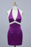 Vestido curto de regresso a casa, vestido de decote Bodycon Cetim Roxo com Decote Helter, com Renda nas Costas