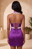 Vestido curto de regresso a casa, vestido de decote Bodycon Cetim Roxo com Decote Helter, com Renda nas Costas