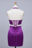 Vestido curto de regresso a casa, vestido de decote Bodycon Cetim Roxo com Decote Helter, com Renda nas Costas