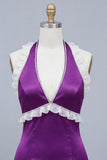 Vestido curto de regresso a casa, vestido de decote Bodycon Cetim Roxo com Decote Helter, com Renda nas Costas