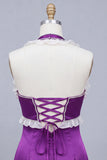 Vestido curto de regresso a casa, vestido de decote Bodycon Cetim Roxo com Decote Helter, com Renda nas Costas